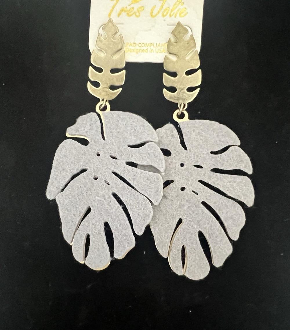 Tres Jolie Long Fern Leaf Shaped Earrings Gold Tone & Silver M/I USA NEW NWT